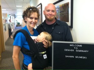 Shawn and Rachael pose for a picture with Maggie while touring the Denver Seminary, where Shawn will be pursuing a Master of Arts of Leadership, with a concentration in Worship. Photo from www.theselmeskis.blogspot.com 
