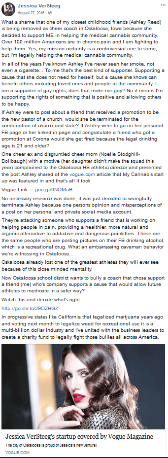 Oskaloosa High School Cheer Coach FIRED For Medical Marijuana Facebook Post? Miss Iowa United States Weighs&nbsp;In