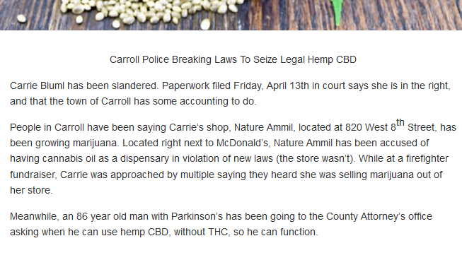 #ActionAlert May 10th Court Hearing In The Matter Of Property (0% THC CBD food supplements) Seized From Carrie Bluml By Carroll Police Department’s JJ Schreck (aka Lori Campbell?&nbsp;lol)
