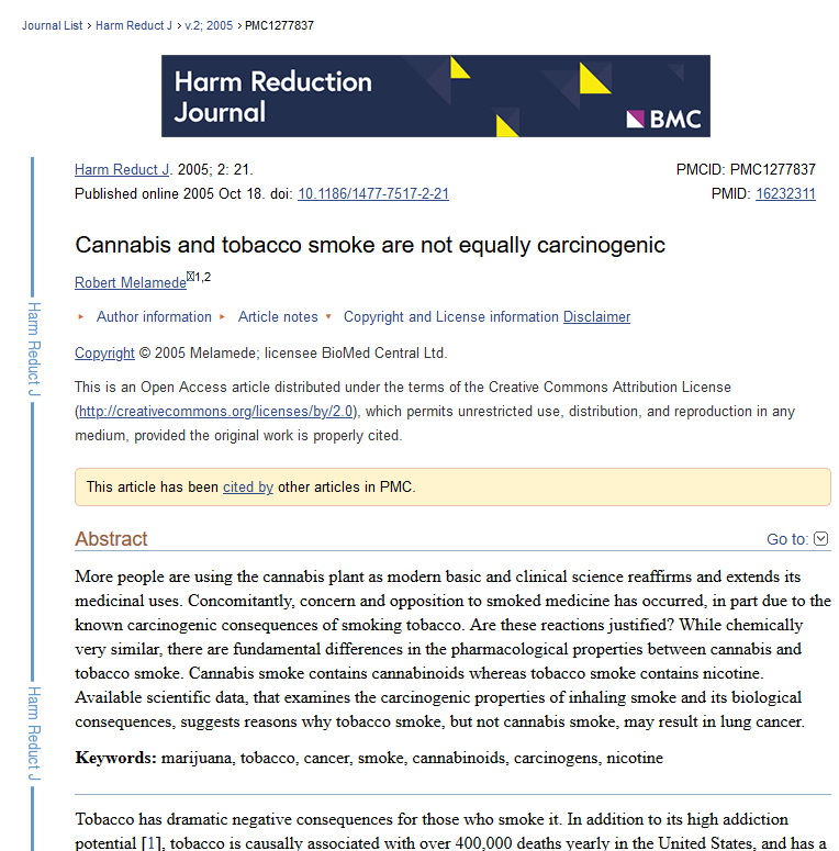 Cannabis and tobacco smoke are not equally carcinogenic (2005 Harm Reduction&nbsp;Journal)