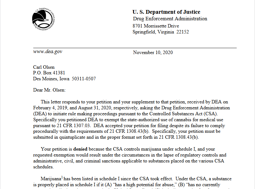 DEA Response To Iowa’s Petition To Exempt Iowa State Medical Cannabis Patients From Legal Burdens, November 10&nbsp;2020