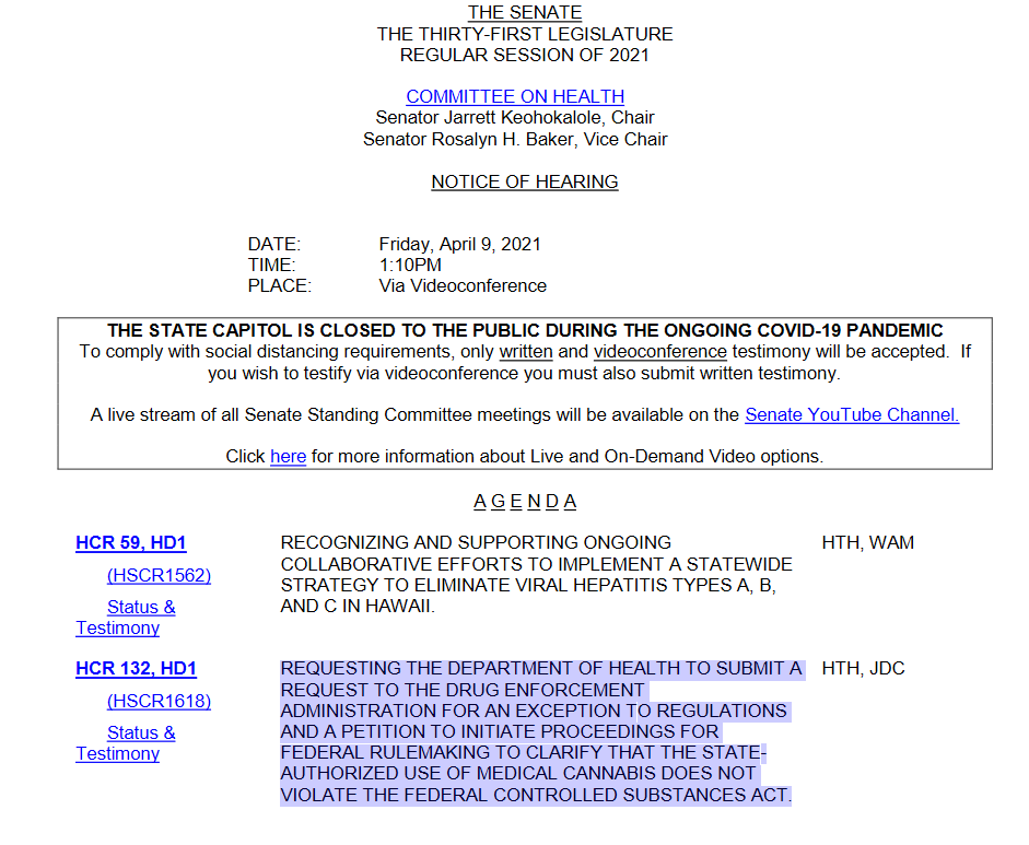 Hawaii Lawmakers Reportedly Copying Minnesota’s Work Towards Federal Exemption To State Marijuana Laws, April 9&nbsp;2021