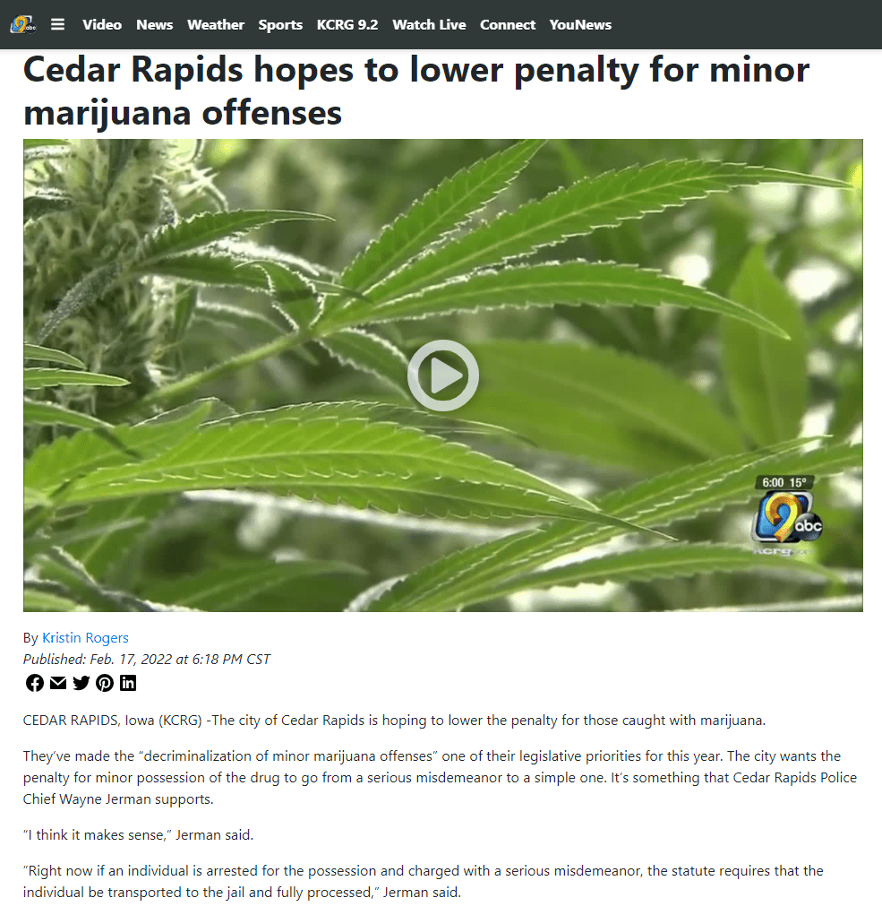 Cedar Rapids, Iowa hopes to lower penalty for minor marijuana&nbsp;offenses