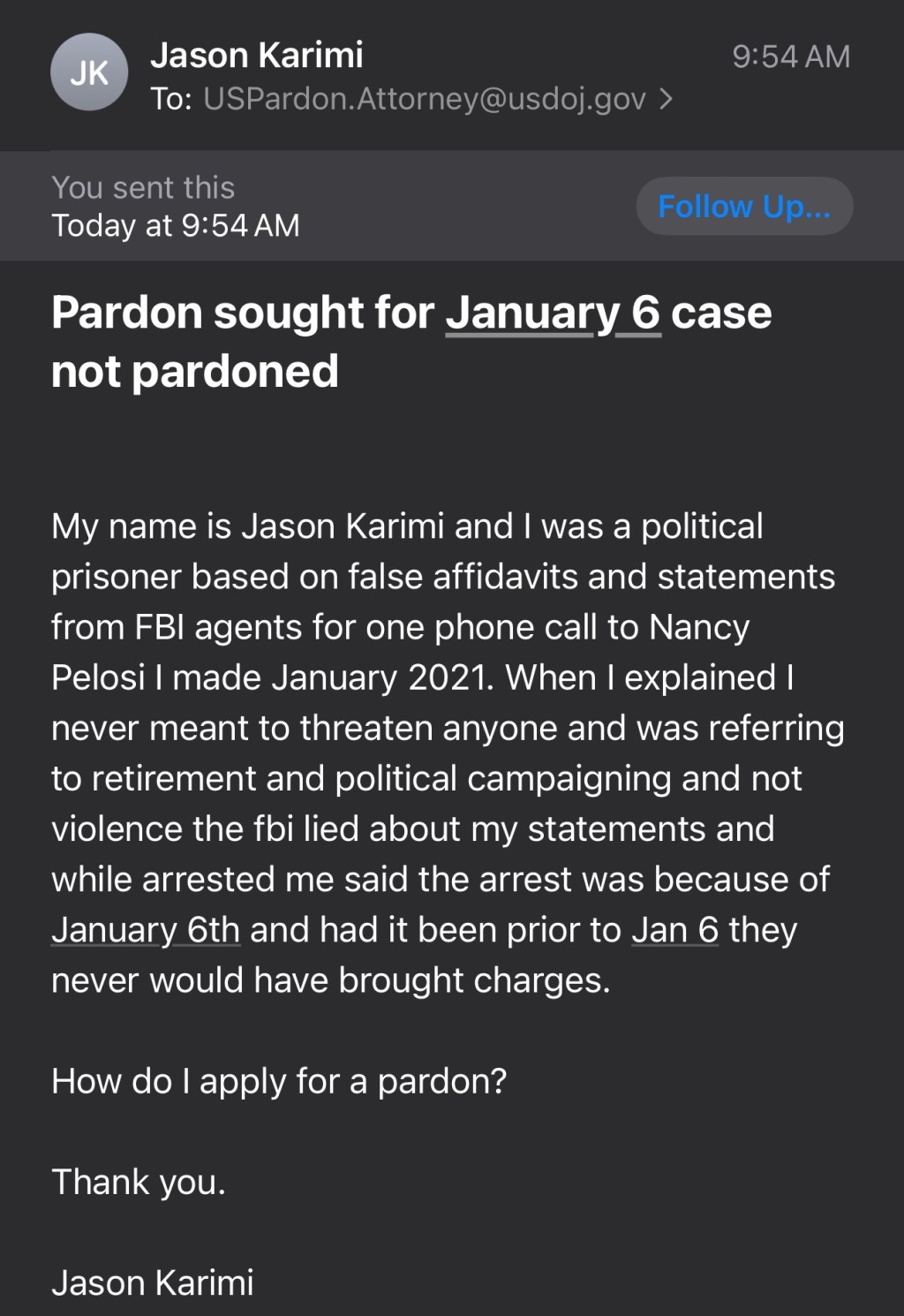 Email to US Pardon Attorney May 29&nbsp;2025