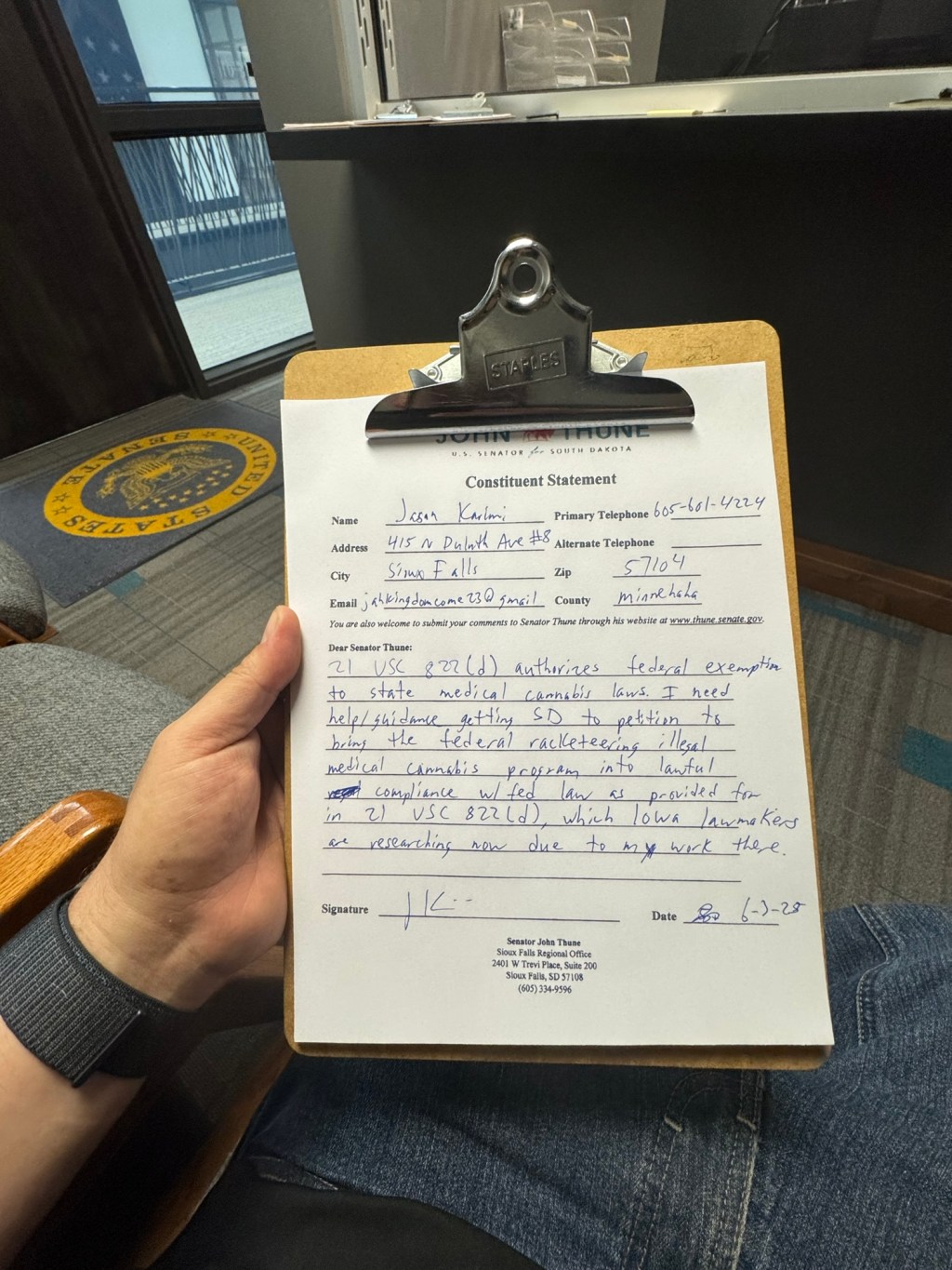 Stopped Into Senator Thune’s Office Today To Talk Federal Racketeering Dispensary Businesses Breaking Federal&nbsp;Law