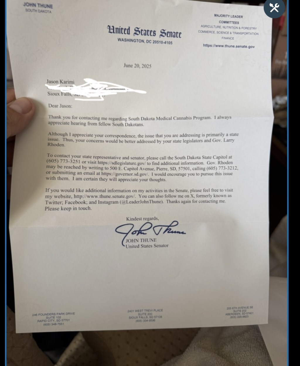 Senator John Thune: Federal Solution To State Medical Marijuana Laws In Hands Of State, Not&nbsp;Congress