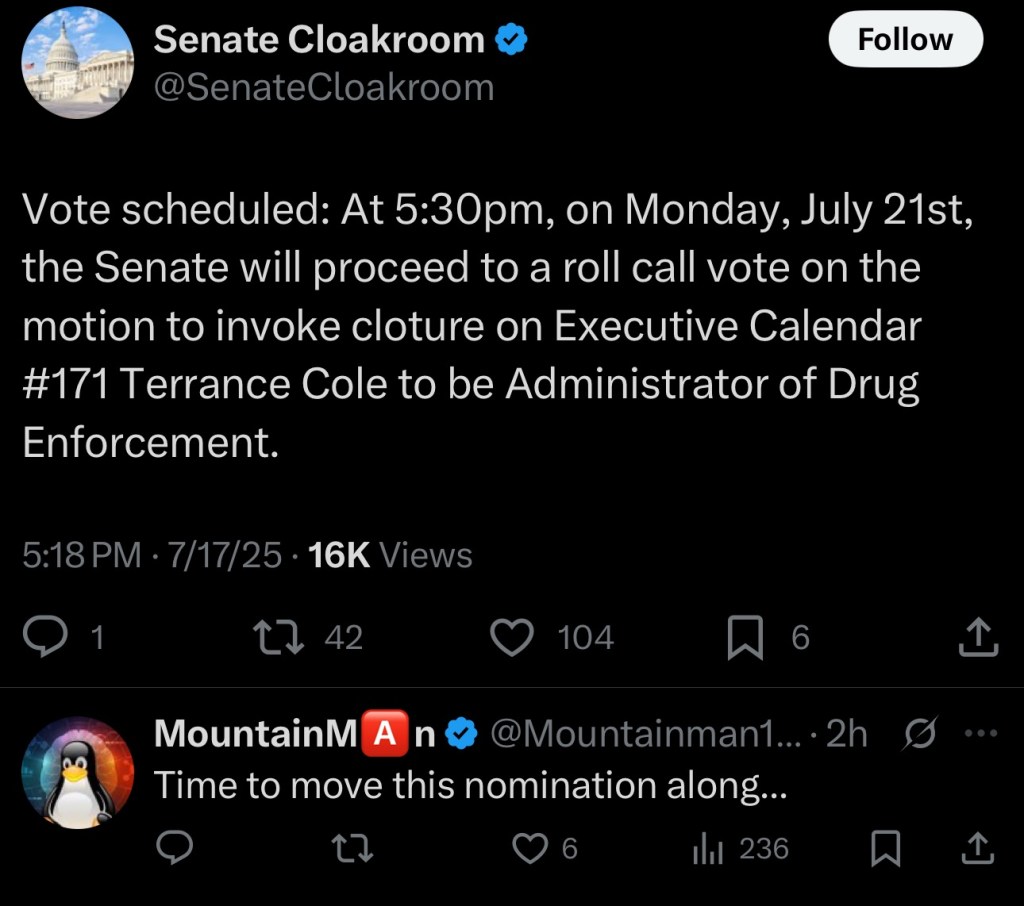 US Senate To Vote July 21st On DEA Administrator Nominee Terrance&nbsp;Cole