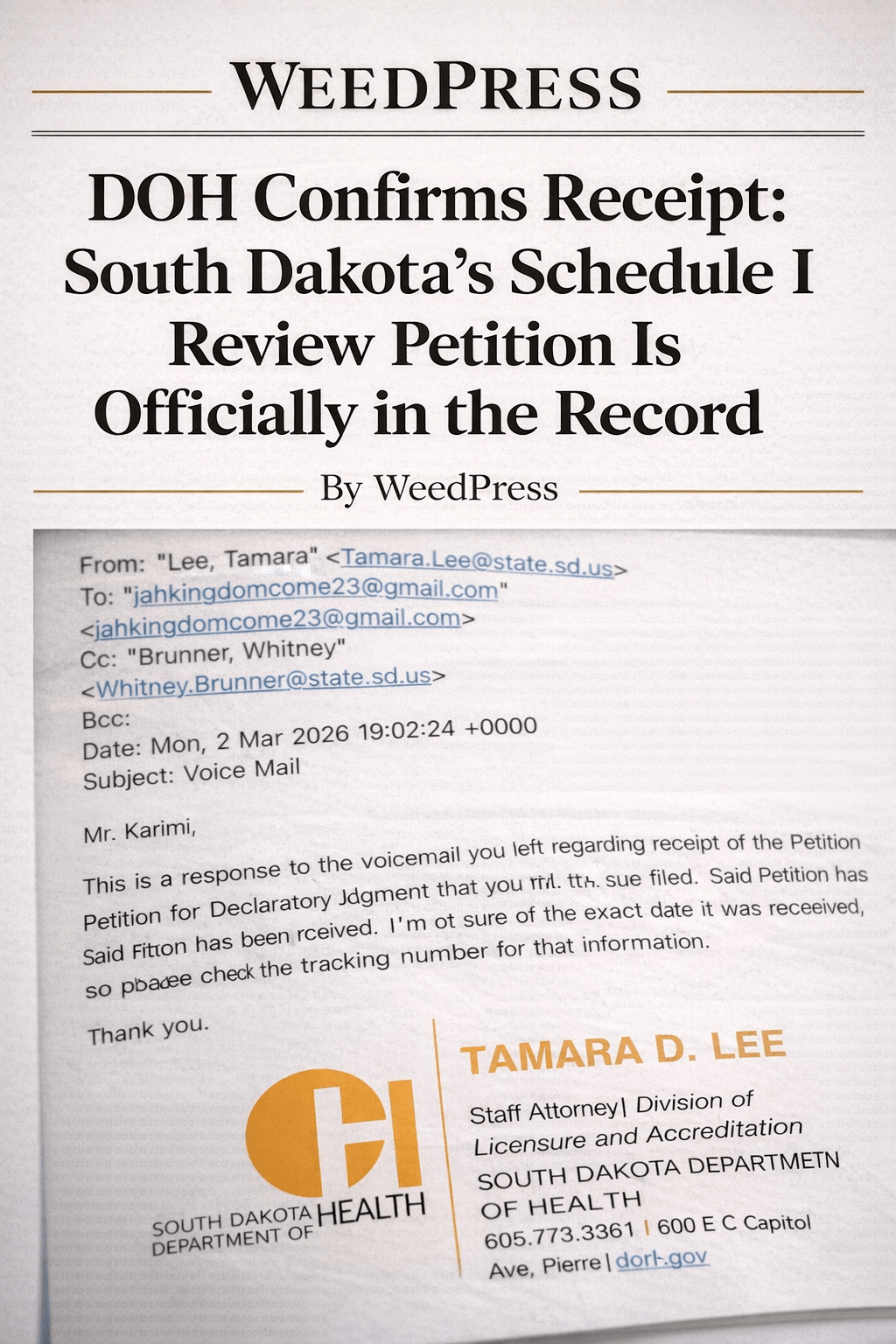 DOH Confirms Receipt: South Dakota’s Schedule I Review Petition Is Officially in the&nbsp;Record