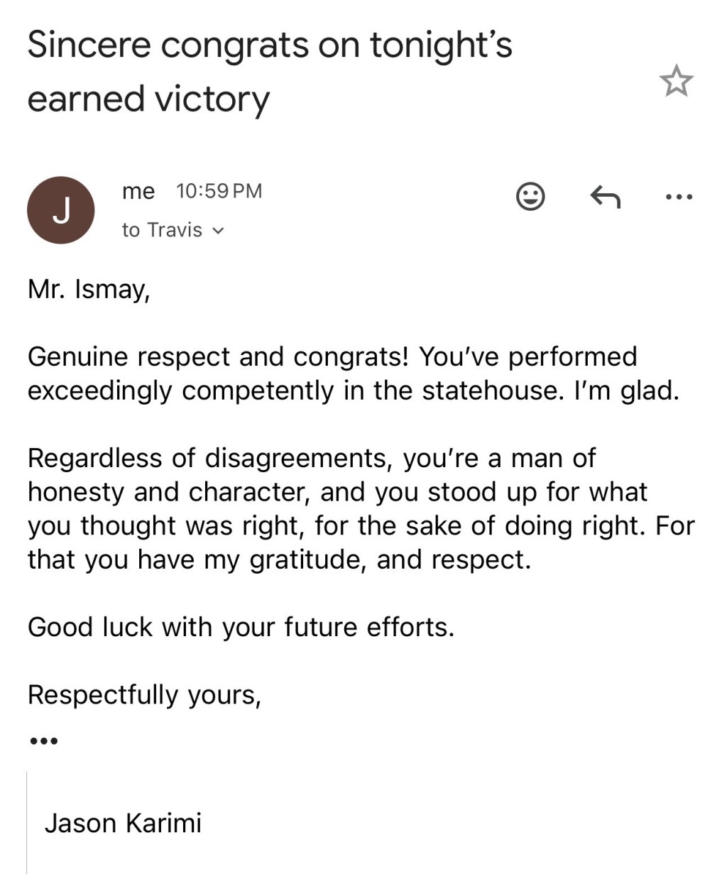 My Congratulatory Email to Rep. Travis Ismay After His Primary&nbsp;Win