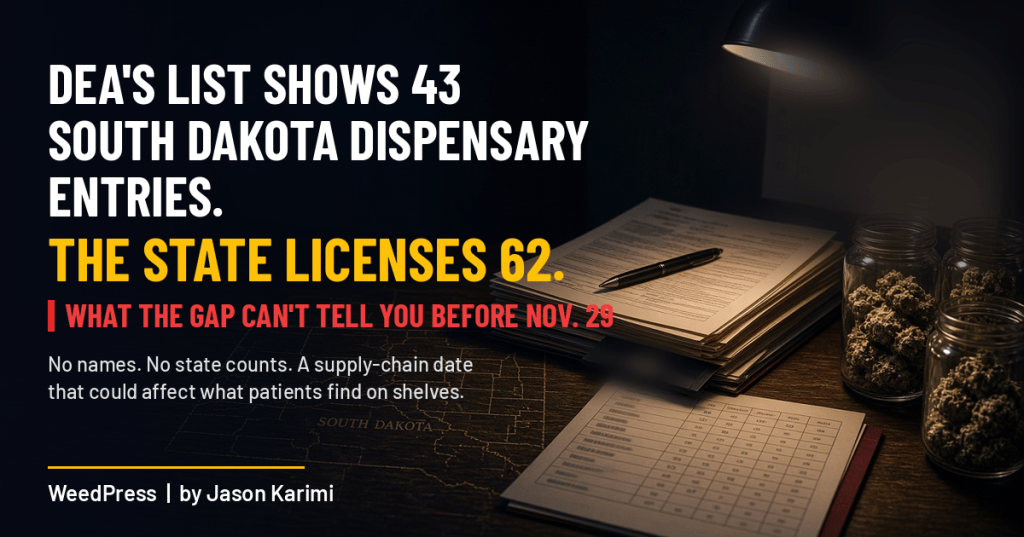DEA’s List Shows 43 South Dakota Dispensary Entries; the State Licenses 62. What That Gap Can and Can’t Mean Before Nov. 29
